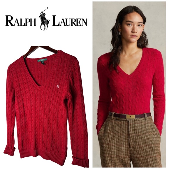 Ralph Lauren Sweater Pullover Medium Red Cable Knit V-Neck Quiet Luxury Preppy - Picture 1 of 3